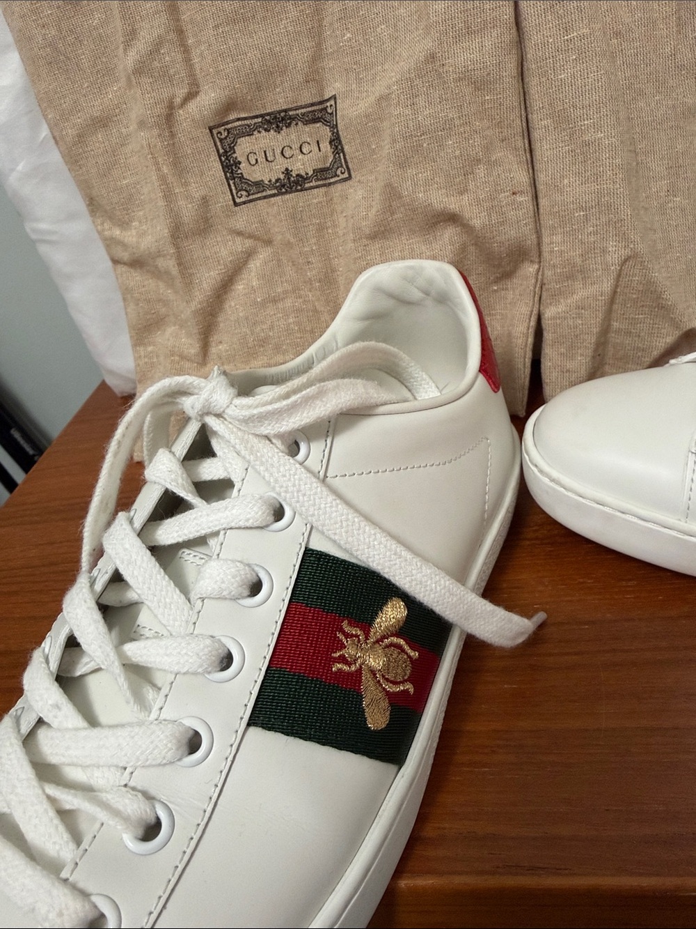 Gucci White Leather Sneakers with Green & Red Web and Gold Bee - Picture 6 of 7
